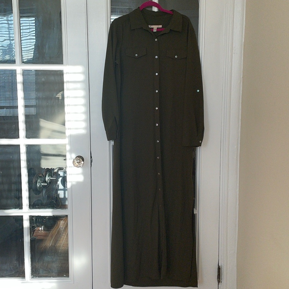 Anthropologie hutch olive green Cassidy collar side slit maxi shirt dress XL